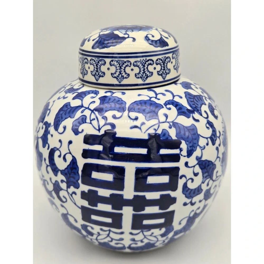 Chinese Porcelain Ginger Jar Double Happiness Blue & White Floral Chinoiserie 8